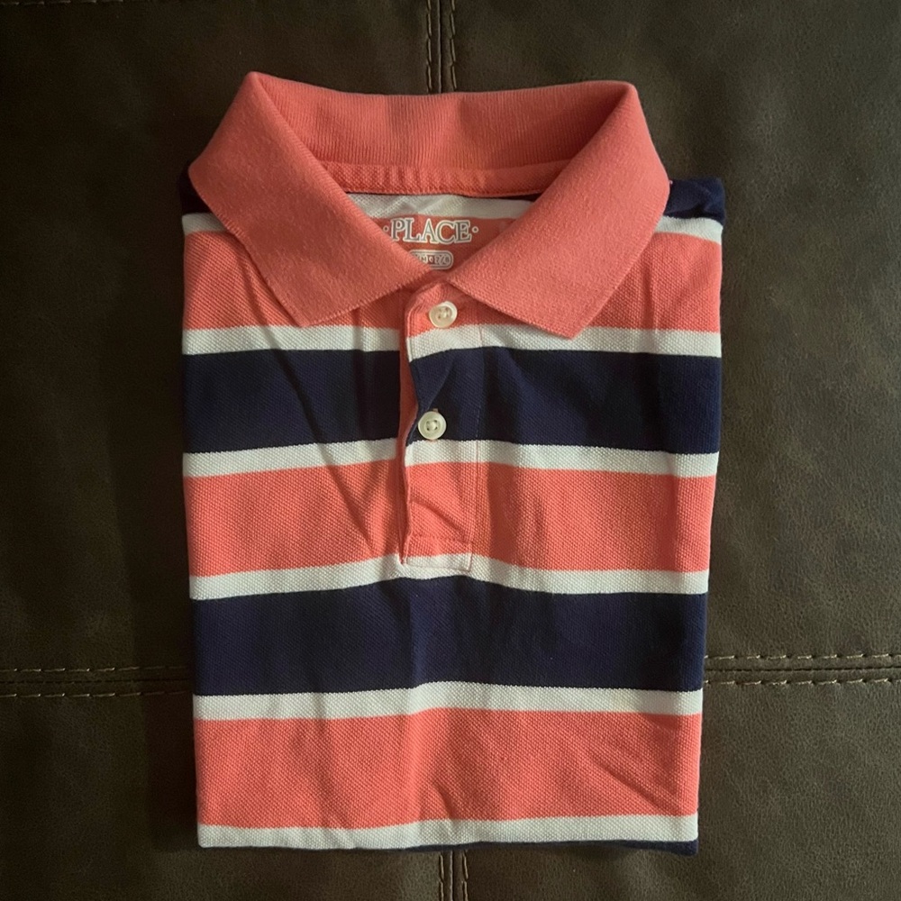 The Childrens Place Kids Polo Shirt - Coral and Navy Stripes